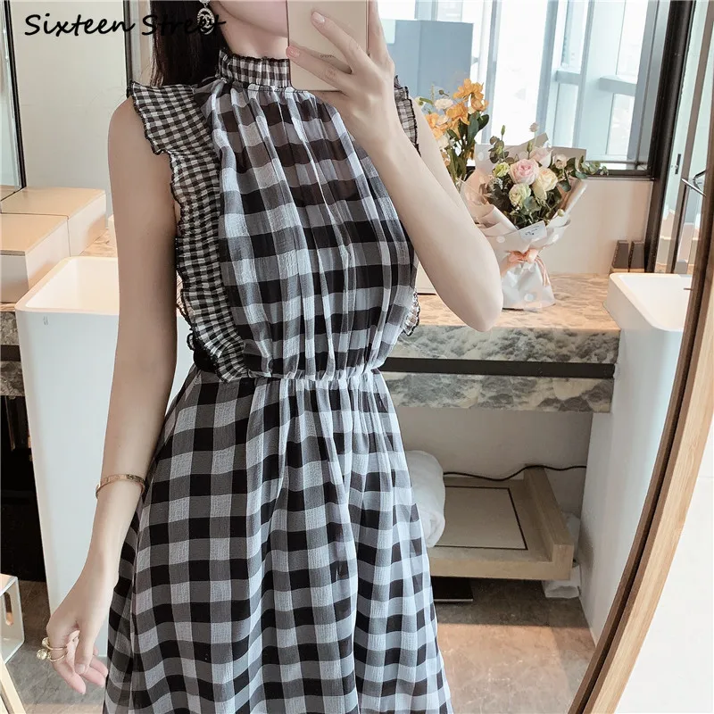 Vintage Fashion Runway - Plaid Sleeveless Dress for Women O-neck