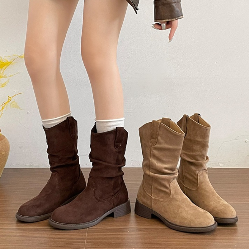 Vintage Fashion Style Female - Vintage Thick Heel Pleated Women Western