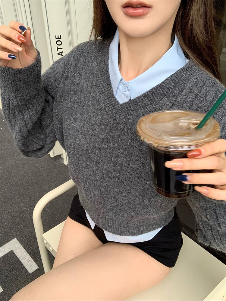 Basic Grey Cropped Sweater Wom - Vintage Fashion Style Female ulasan dan harga